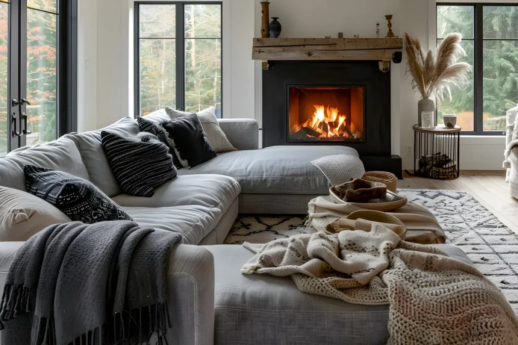 A cozy living room with a crackling fireplace, perfect for a peaceful winter retreat.