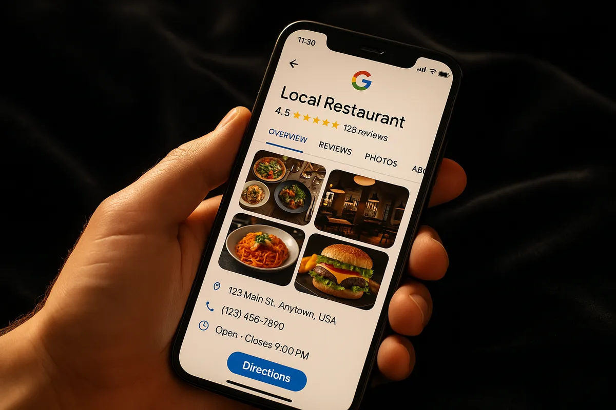 A smartphone displaying a colorful Google Business Profile on a soft black velvet surface.