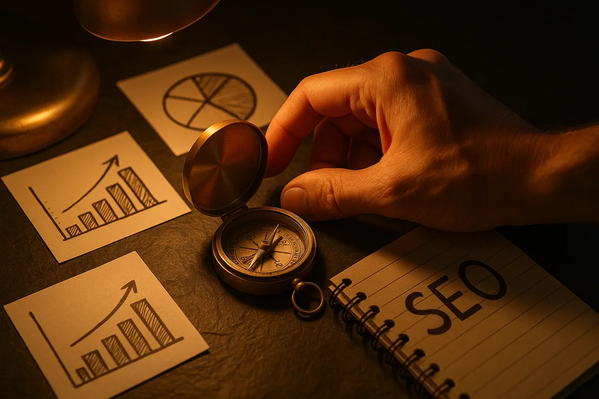A hand adjusts a vintage brass compass on a dark surface, surrounded by SEO tools, symbolizing strategic direction.